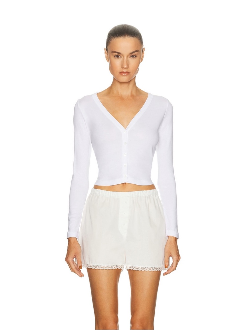 Enza Costa supima cotton new classic v neck cardigan in white